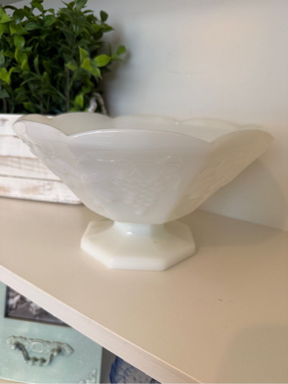 Vintage Milk Glass Paneled Grape Pedestal Compote Bowl Scalloped Rim